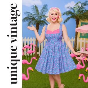 Unique Vintage Blue and Pink Floral Midi Dress